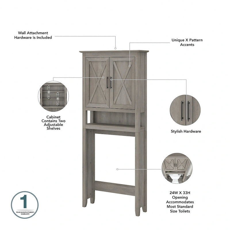 Meuble de rangement au-dessus des toilettes gris bois flotté, portes à motifs en X, étagères réglables, style ferme