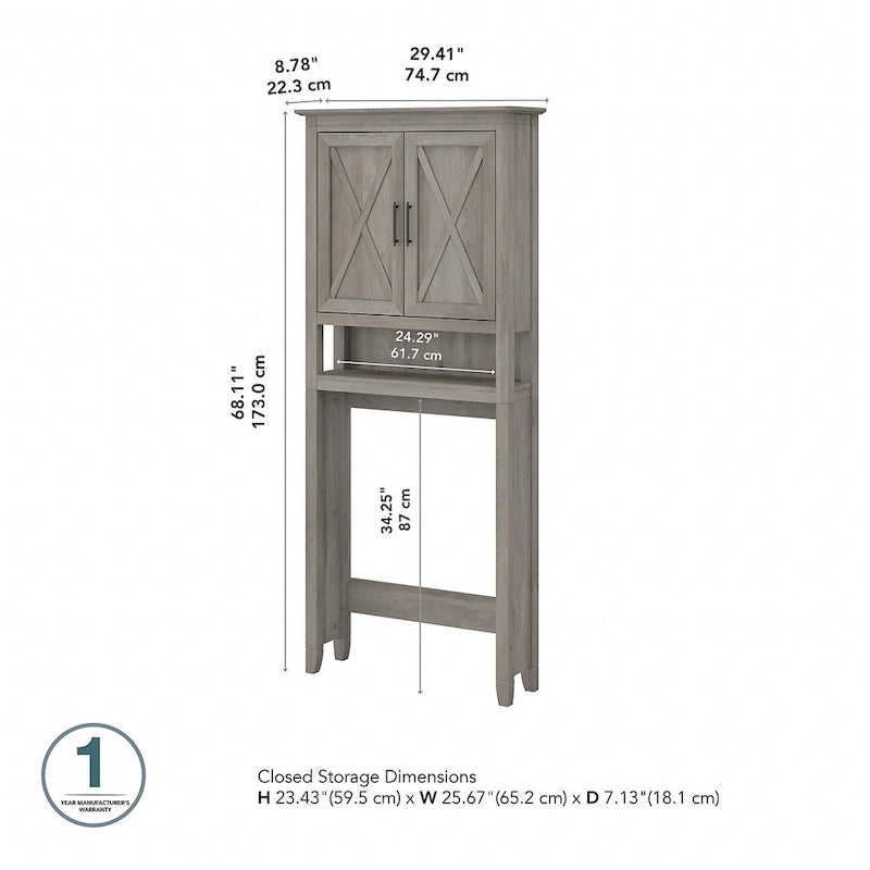 Meuble de rangement au-dessus des toilettes gris bois flotté, portes à motifs en X, étagères réglables, style ferme