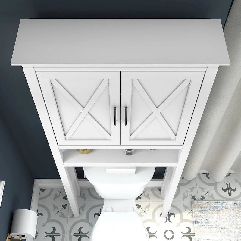 Meuble de rangement au-dessus des toilettes gris bois flotté, portes à motifs en X, étagères réglables, style ferme