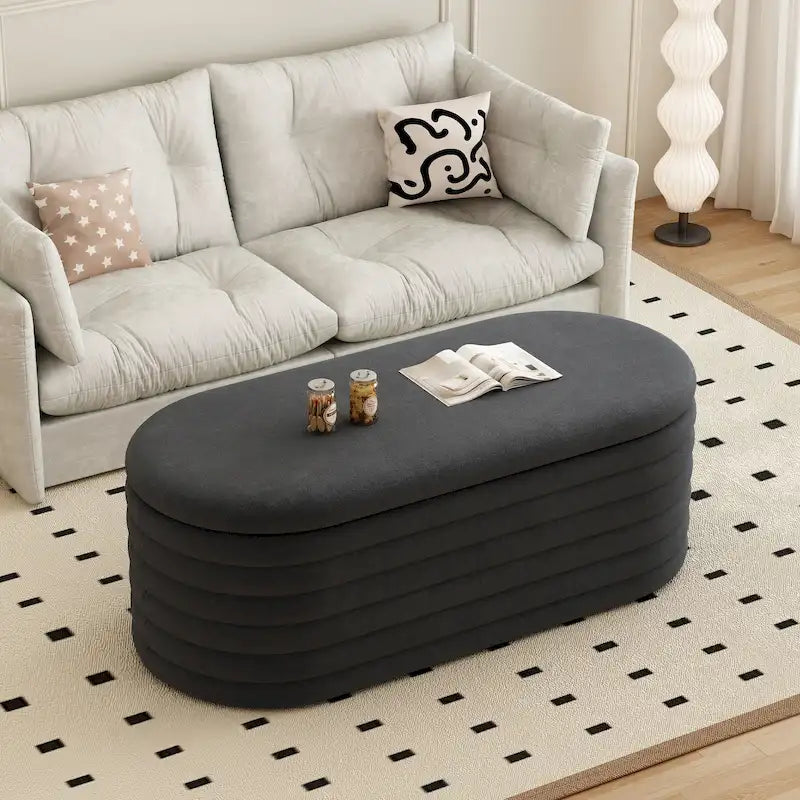 Banc coffre de rangement ovale noir en chenille avec charnière de sécurité à couvercle rabattable, capacité de 158 kg
