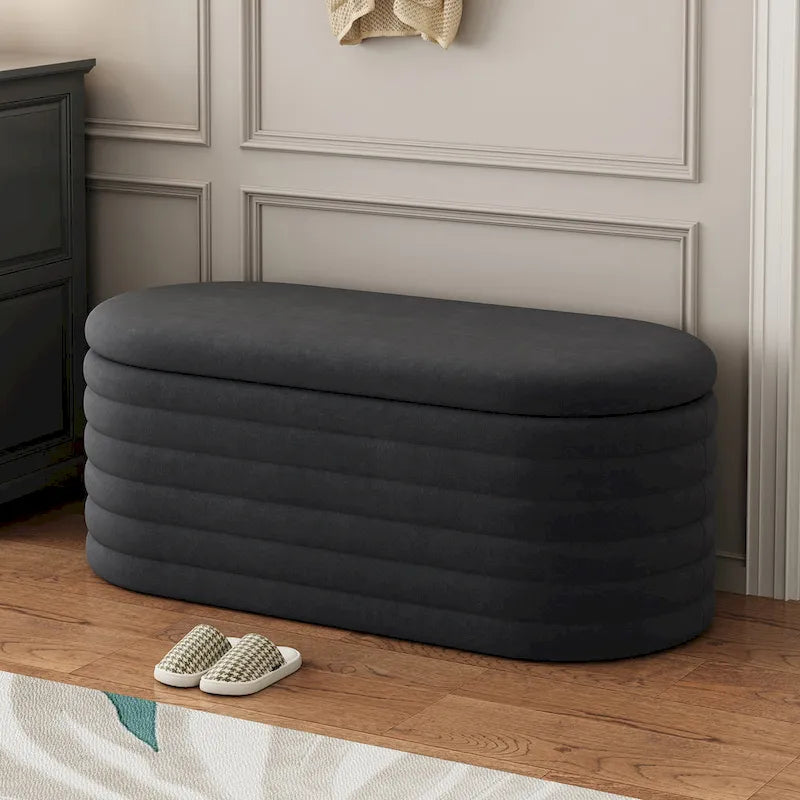 Banc coffre de rangement ovale noir en chenille avec charnière de sécurité à couvercle rabattable, capacité de 158 kg