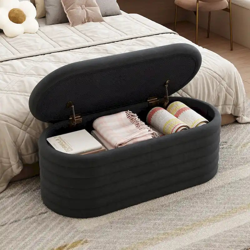 Banc coffre de rangement ovale noir en chenille avec charnière de sécurité à couvercle rabattable, capacité de 158 kg