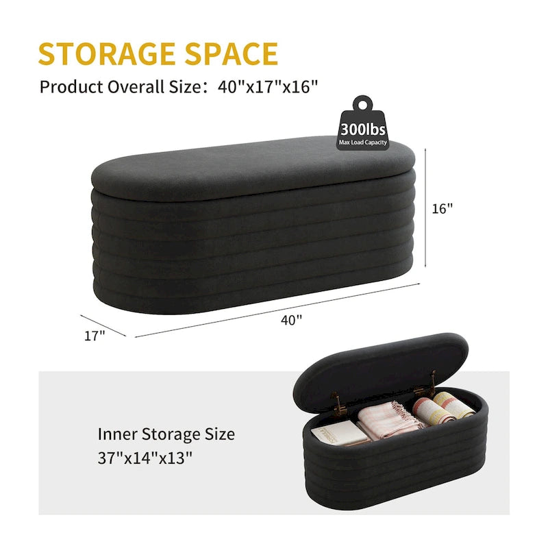 Banc coffre de rangement ovale noir en chenille avec charnière de sécurité à couvercle rabattable, capacité de 158 kg