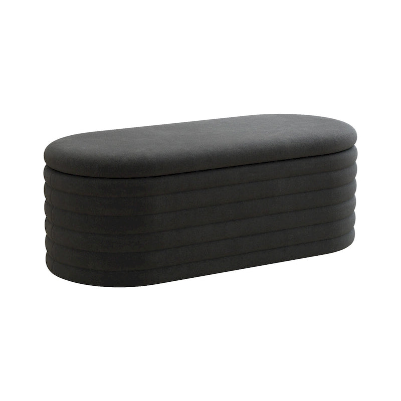 Banc coffre de rangement ovale noir en chenille avec charnière de sécurité à couvercle rabattable, capacité de 158 kg