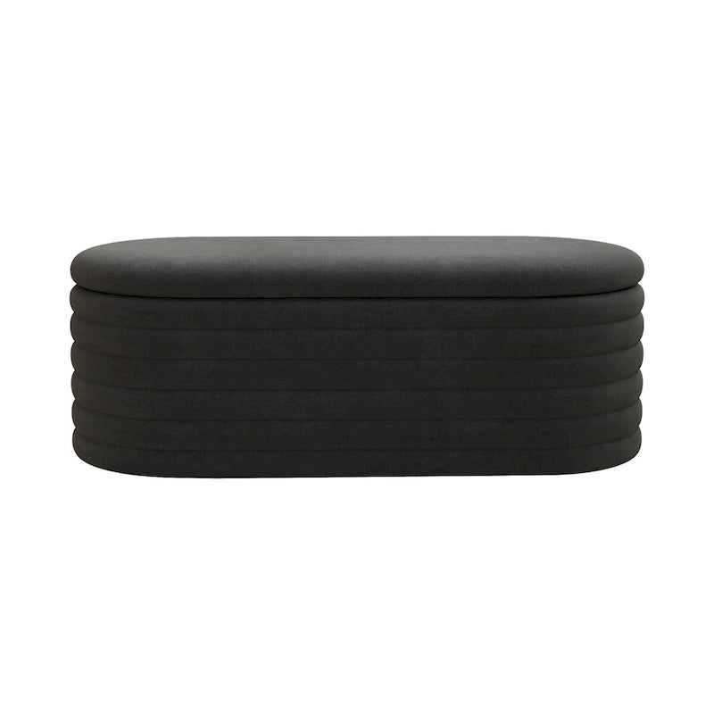 Banc coffre de rangement ovale noir en chenille avec charnière de sécurité à couvercle rabattable, capacité de 158 kg