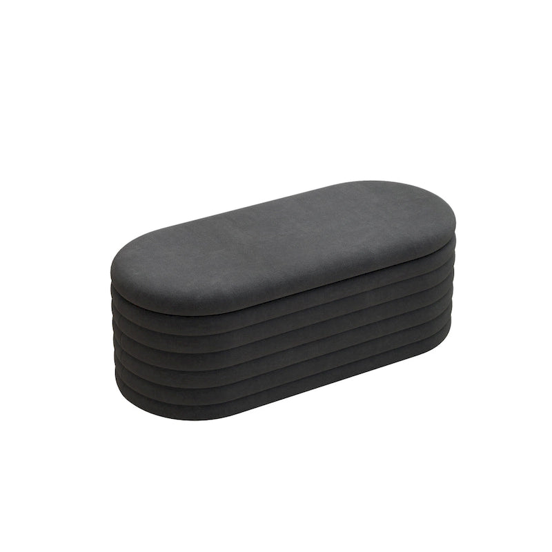 Banc coffre de rangement ovale noir en chenille avec charnière de sécurité à couvercle rabattable, capacité de 158 kg