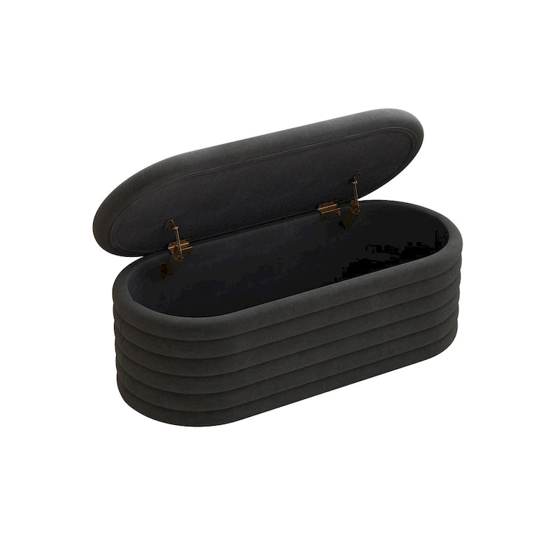 Banc coffre de rangement ovale noir en chenille avec charnière de sécurité à couvercle rabattable, capacité de 158 kg