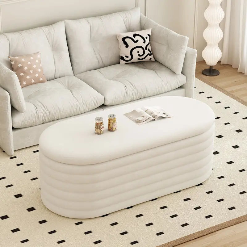 Banc coffre de rangement ovale noir en chenille avec charnière de sécurité à couvercle rabattable, capacité de 158 kg