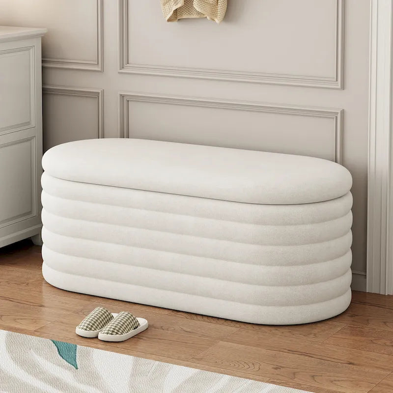 Banc coffre de rangement ovale noir en chenille avec charnière de sécurité à couvercle rabattable, capacité de 158 kg