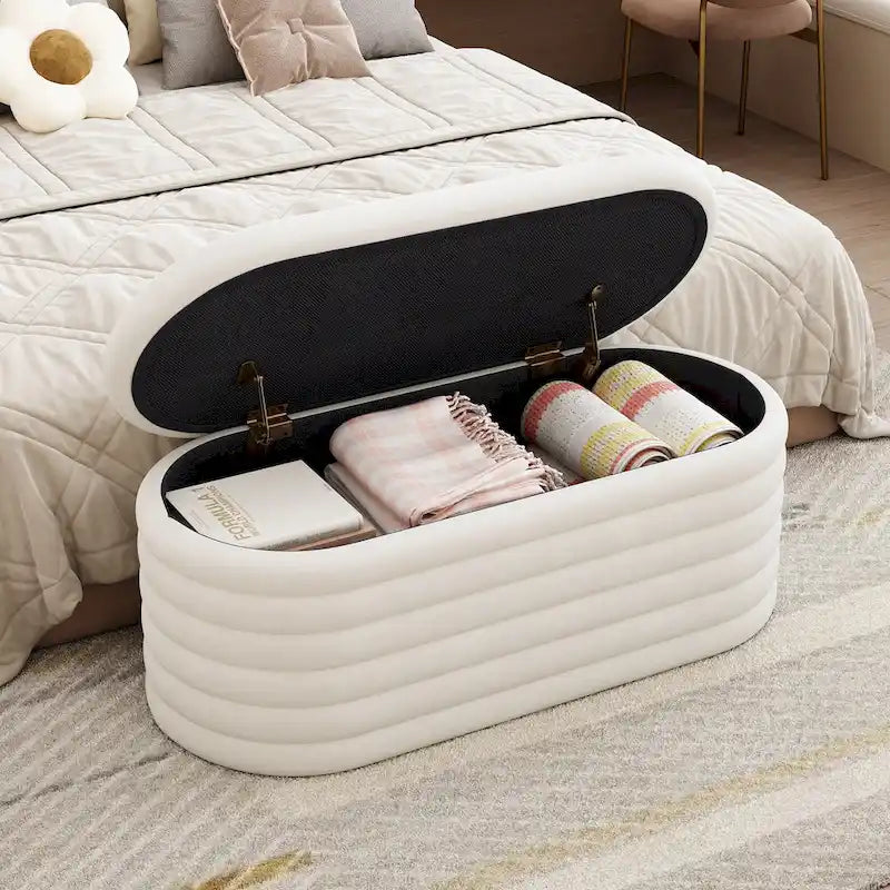 Banc coffre de rangement ovale noir en chenille avec charnière de sécurité à couvercle rabattable, capacité de 158 kg