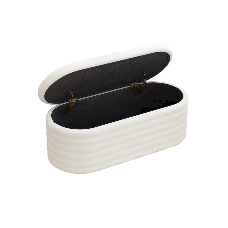 Banc coffre de rangement ovale noir en chenille avec charnière de sécurité à couvercle rabattable, capacité de 158 kg