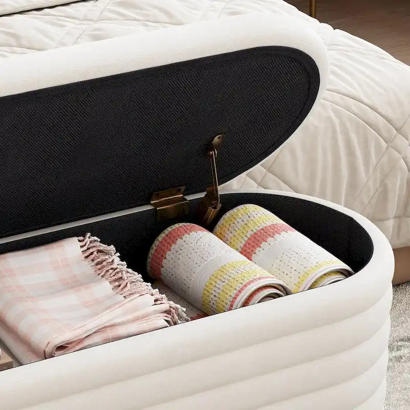 Banc coffre de rangement ovale noir en chenille avec charnière de sécurité à couvercle rabattable, capacité de 158 kg