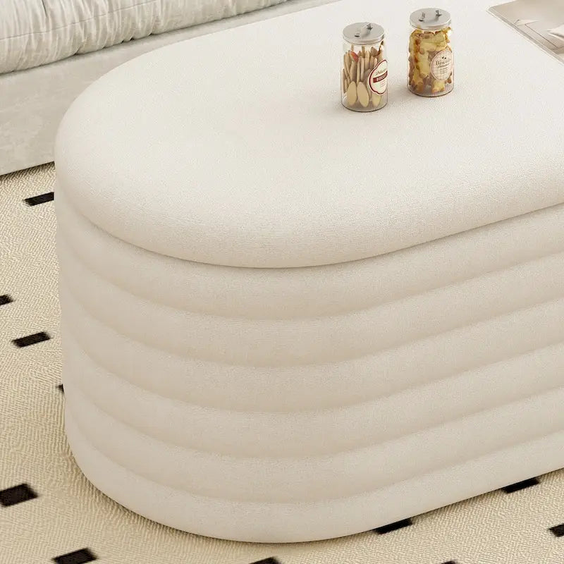 Banc coffre de rangement ovale noir en chenille avec charnière de sécurité à couvercle rabattable, capacité de 158 kg