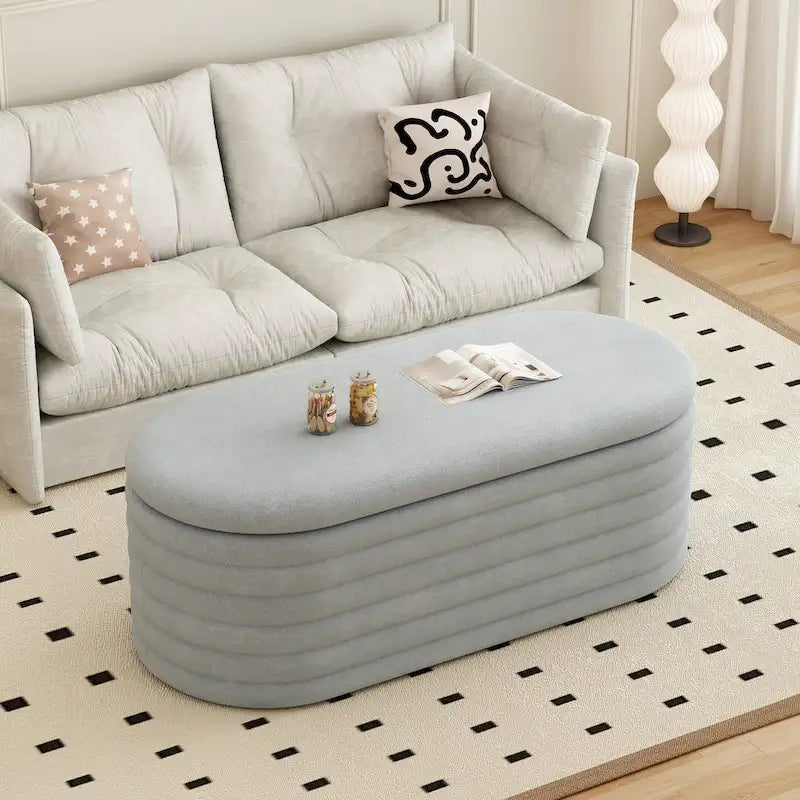 Banc coffre de rangement ovale noir en chenille avec charnière de sécurité à couvercle rabattable, capacité de 158 kg