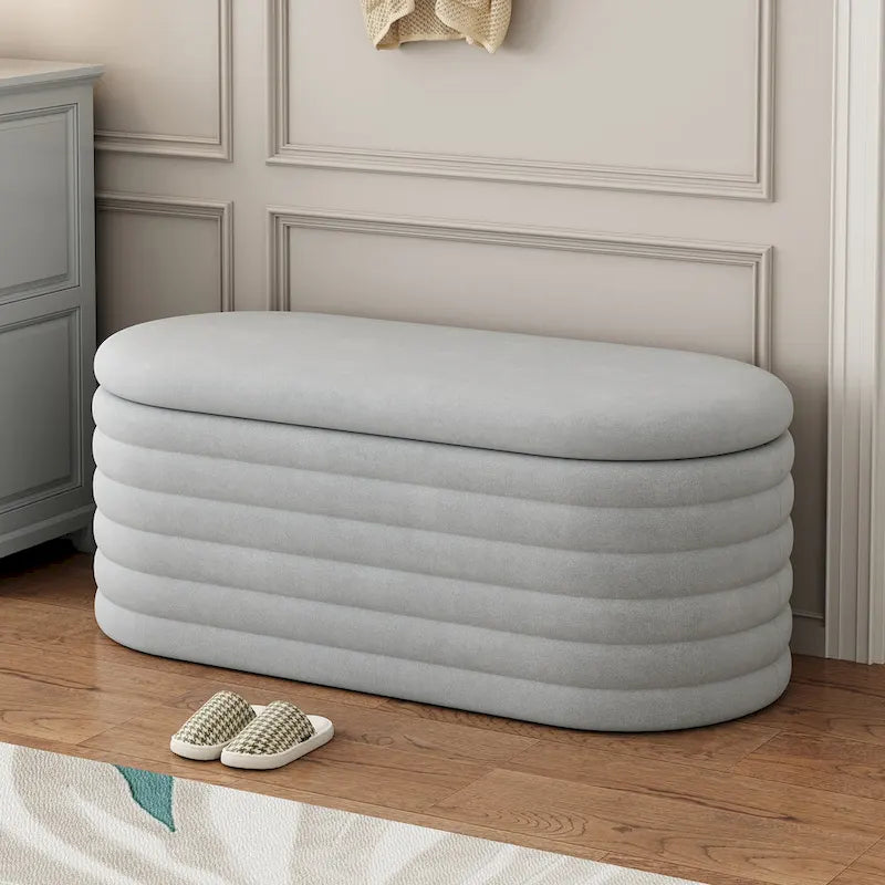 Banc coffre de rangement ovale noir en chenille avec charnière de sécurité à couvercle rabattable, capacité de 158 kg