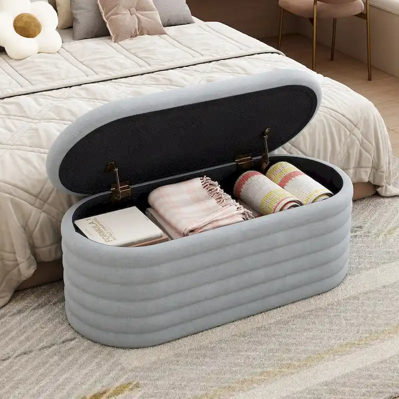 Banc coffre de rangement ovale noir en chenille avec charnière de sécurité à couvercle rabattable, capacité de 158 kg