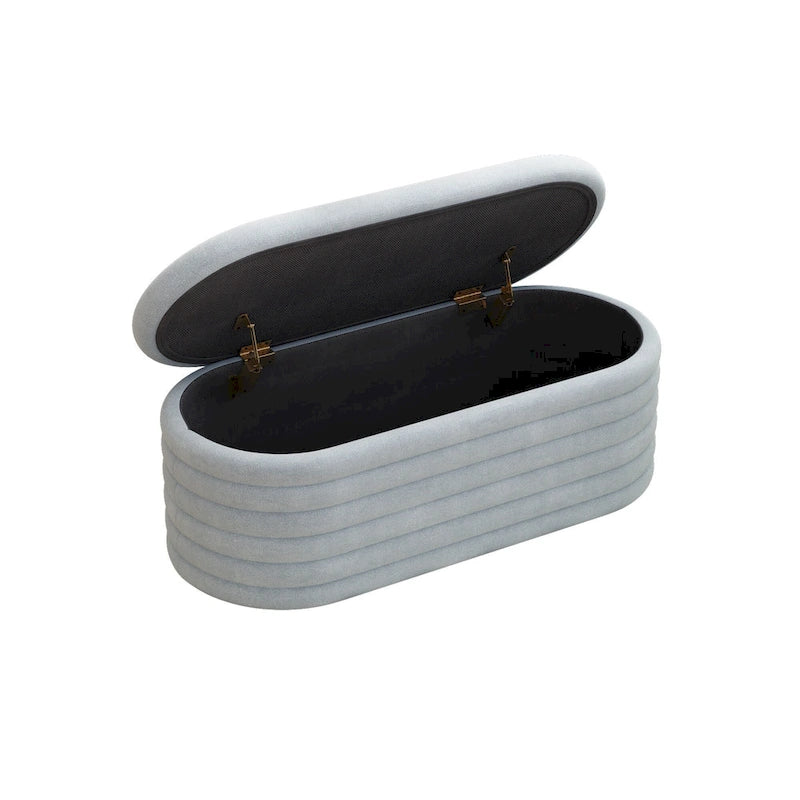 Banc coffre de rangement ovale noir en chenille avec charnière de sécurité à couvercle rabattable, capacité de 158 kg