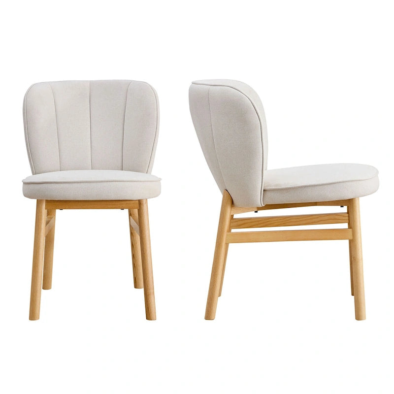 Lot de 2 chaises de salle à manger en frêne naturel avec dossier en forme de pétale, tapissées, pieds en bois massif