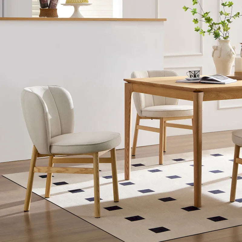 Lot de 2 chaises de salle à manger en frêne naturel avec dossier en forme de pétale, tapissées, pieds en bois massif