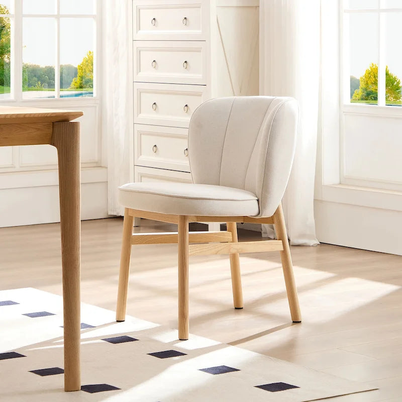 Lot de 2 chaises de salle à manger en frêne naturel avec dossier en forme de pétale, tapissées, pieds en bois massif