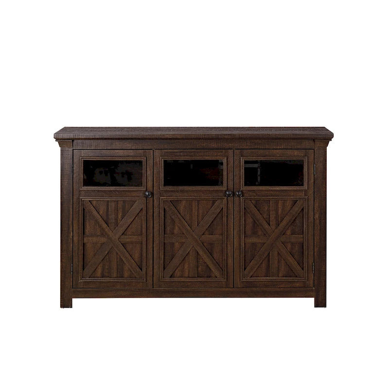 Bahut en chêne rustique à 3 portes avec panneaux en verre fumé, motif de porte de grange en X et étagères amovibles