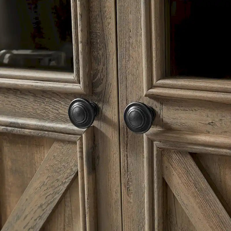 Bahut en chêne rustique à 3 portes avec panneaux en verre fumé, motif de porte de grange en X et étagères amovibles