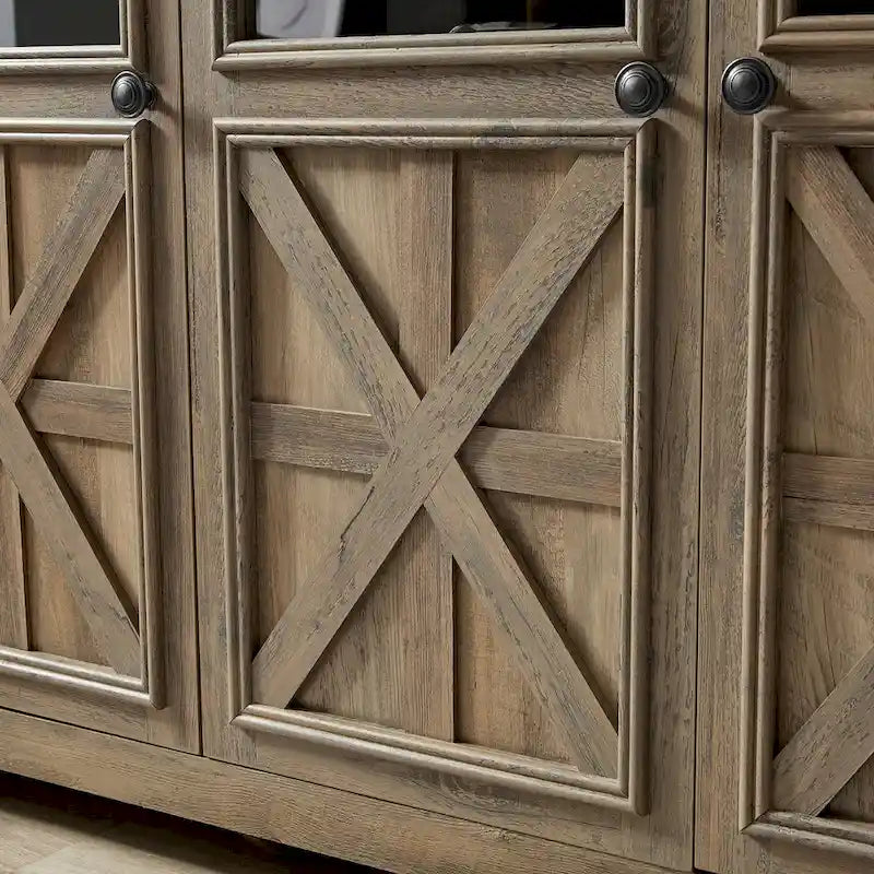 Bahut en chêne rustique à 3 portes avec panneaux en verre fumé, motif de porte de grange en X et étagères amovibles