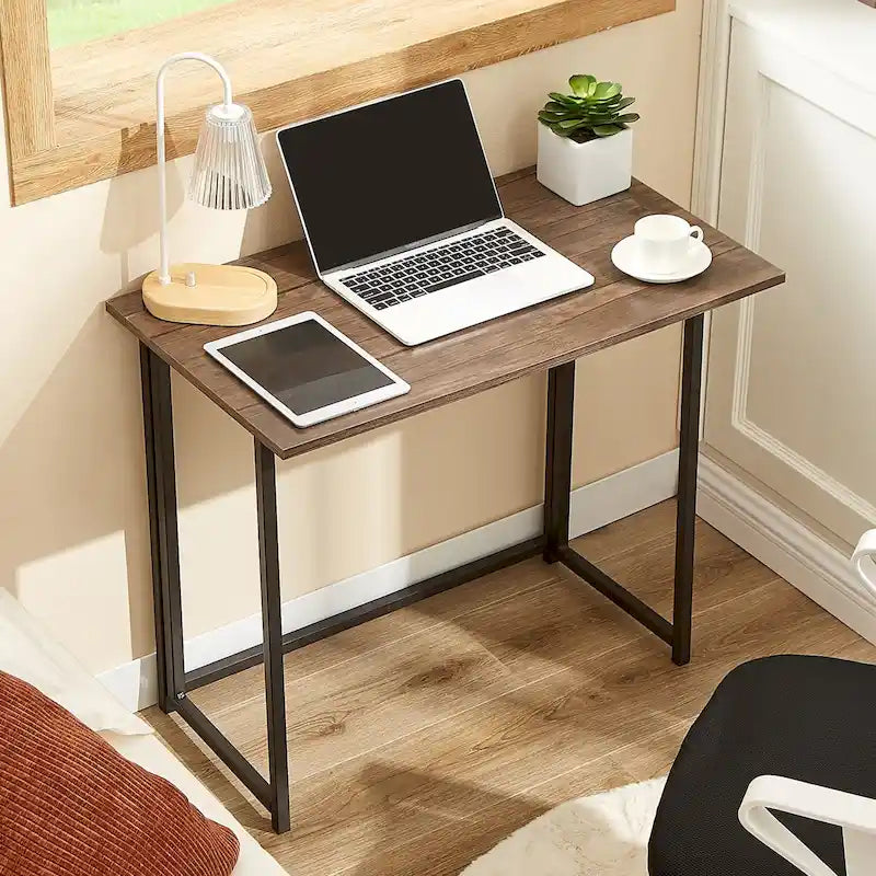 Bureau informatique pliable marron, surface MDF étanche, cadre métallique, aucun assemblage requis, gain de place