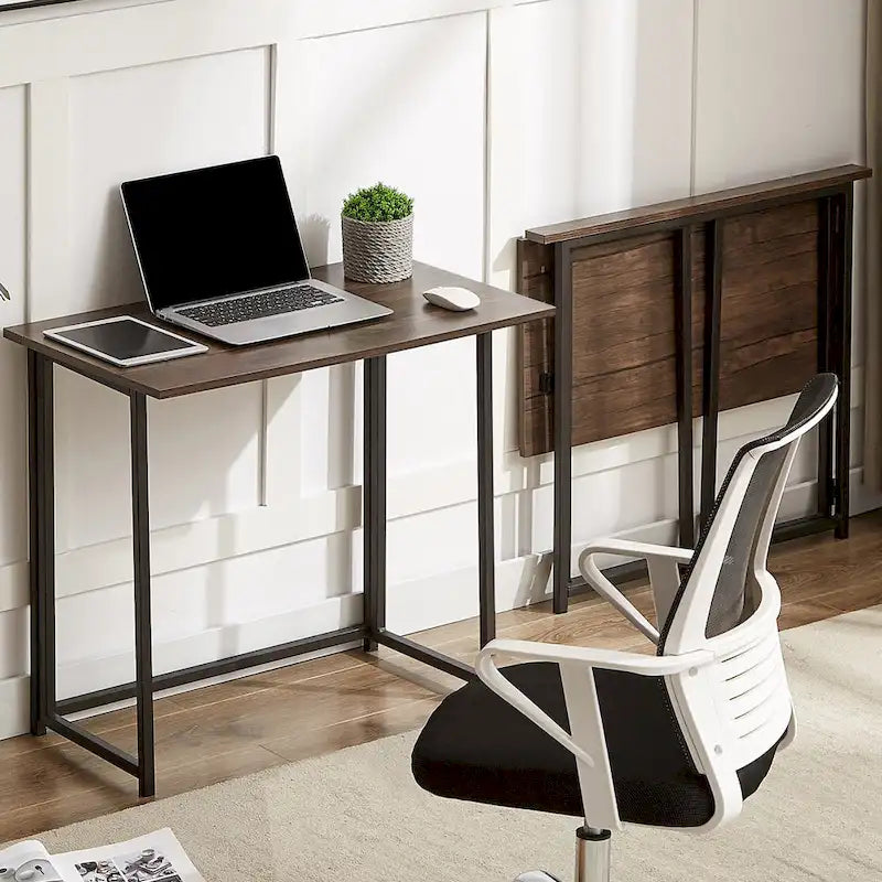 Bureau informatique pliable marron, surface MDF étanche, cadre métallique, aucun assemblage requis, gain de place