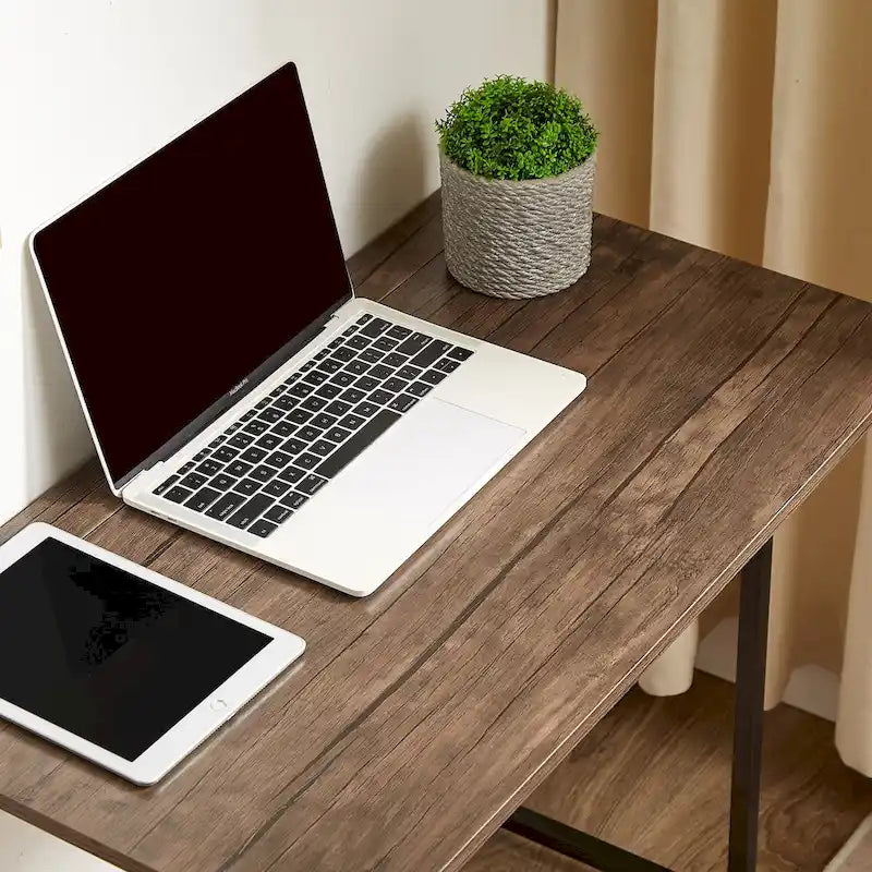 Bureau informatique pliable marron, surface MDF étanche, cadre métallique, aucun assemblage requis, gain de place