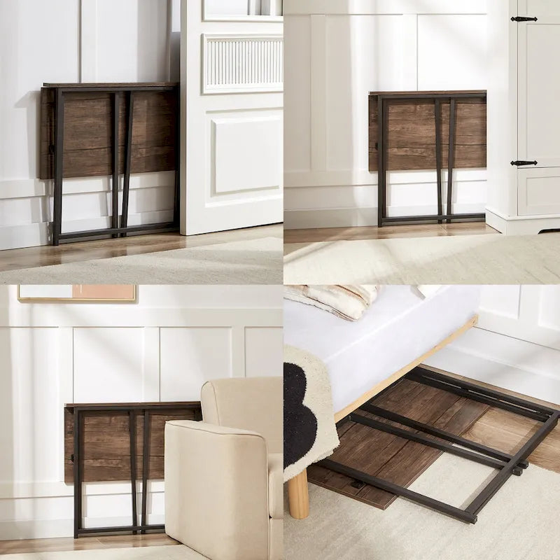 Bureau informatique pliable marron, surface MDF étanche, cadre métallique, aucun assemblage requis, gain de place