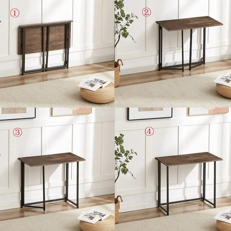 Bureau informatique pliable marron, surface MDF étanche, cadre métallique, aucun assemblage requis, gain de place