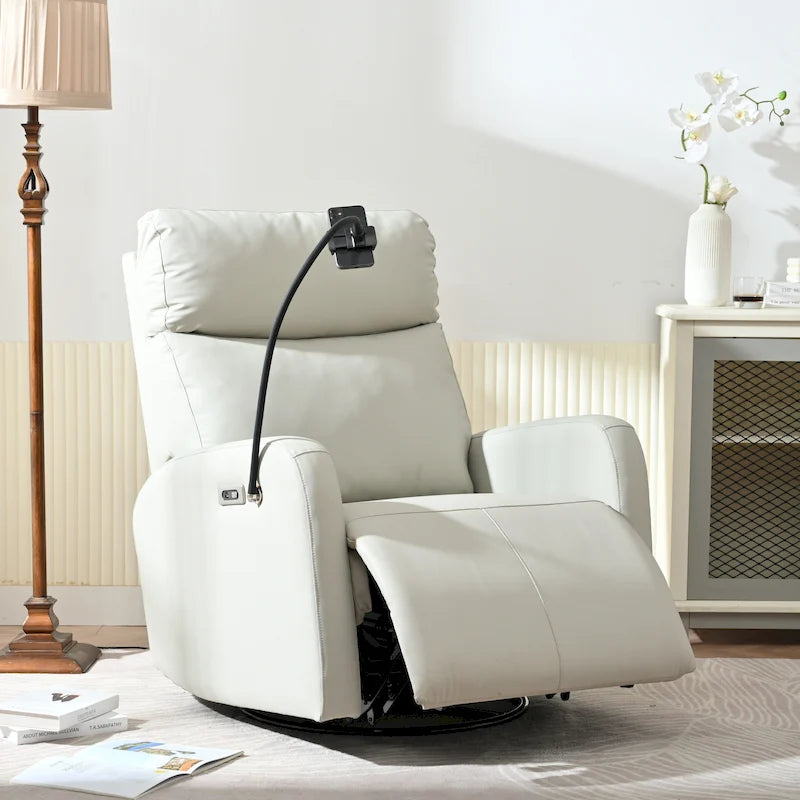 Fauteuil inclinable électrique pivotant à bascule en PU gris clair, pivotant à 270°, avec chargement USB-C et support de téléphone
