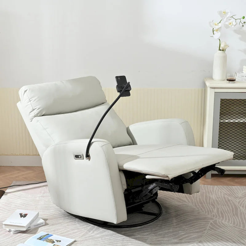 Fauteuil inclinable électrique pivotant à bascule en PU gris clair, pivotant à 270°, avec chargement USB-C et support de téléphone