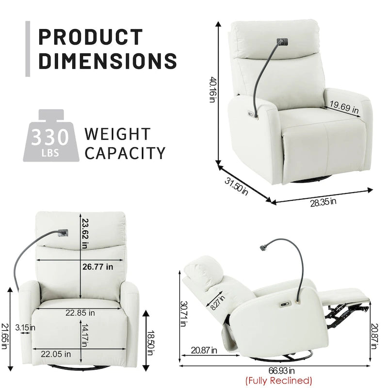 Fauteuil inclinable électrique pivotant à bascule en PU gris clair, pivotant à 270°, avec chargement USB-C et support de téléphone