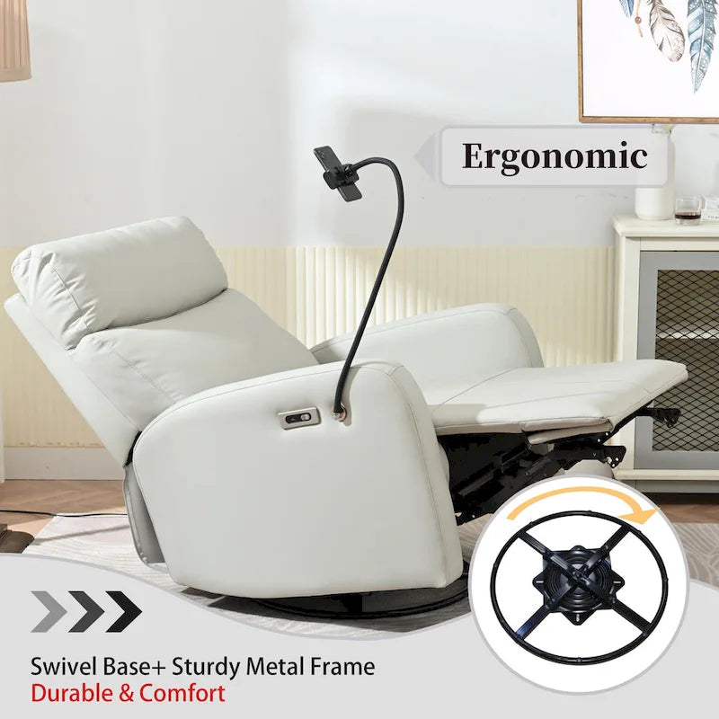 Fauteuil inclinable électrique pivotant à bascule en PU gris clair, pivotant à 270°, avec chargement USB-C et support de téléphone