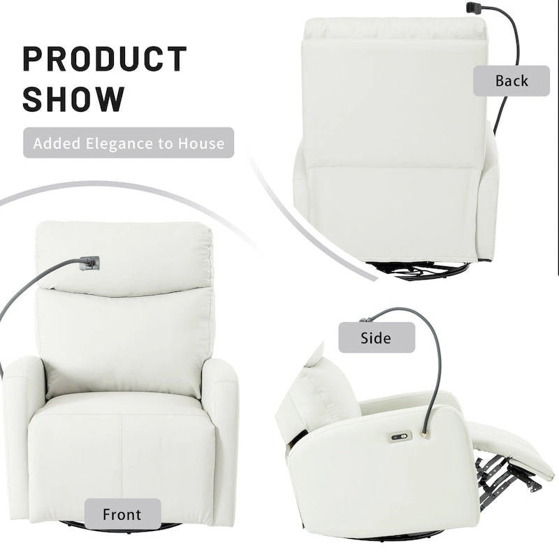 Fauteuil inclinable électrique pivotant à bascule en PU gris clair, pivotant à 270°, avec chargement USB-C et support de téléphone