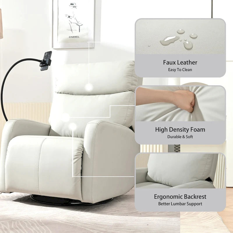 Fauteuil inclinable électrique pivotant à bascule en PU gris clair, pivotant à 270°, avec chargement USB-C et support de téléphone