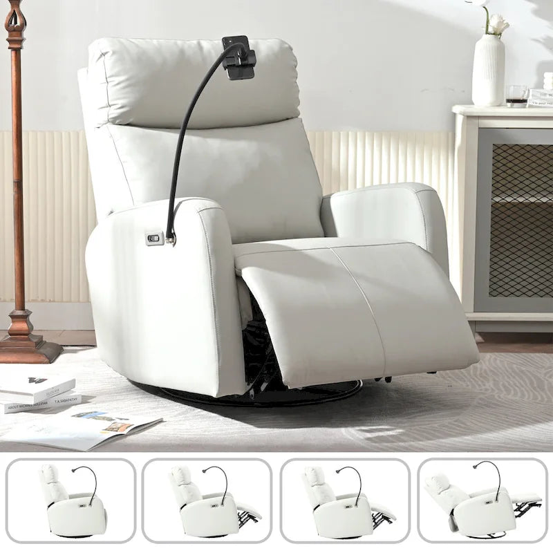 Fauteuil inclinable électrique pivotant à bascule en PU gris clair, pivotant à 270°, avec chargement USB-C et support de téléphone
