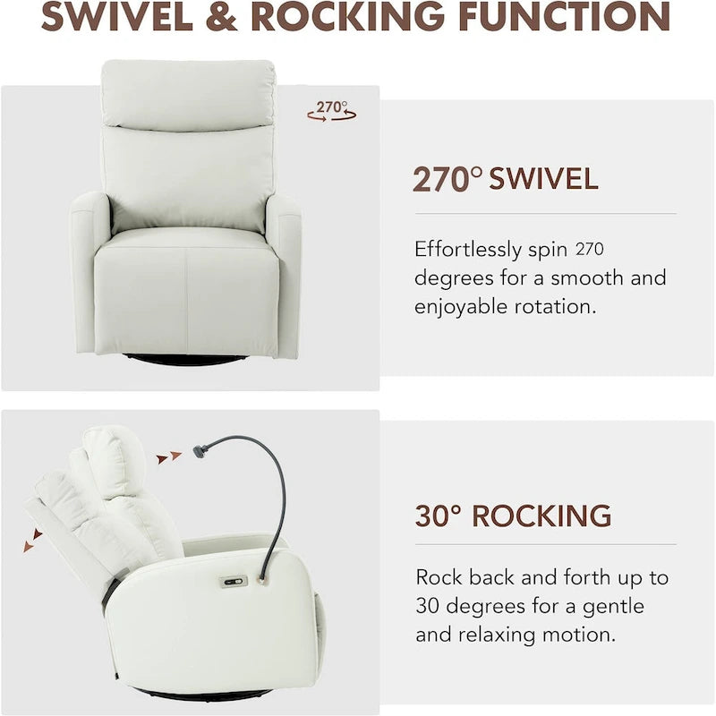 Fauteuil inclinable électrique pivotant à bascule en PU gris clair, pivotant à 270°, avec chargement USB-C et support de téléphone