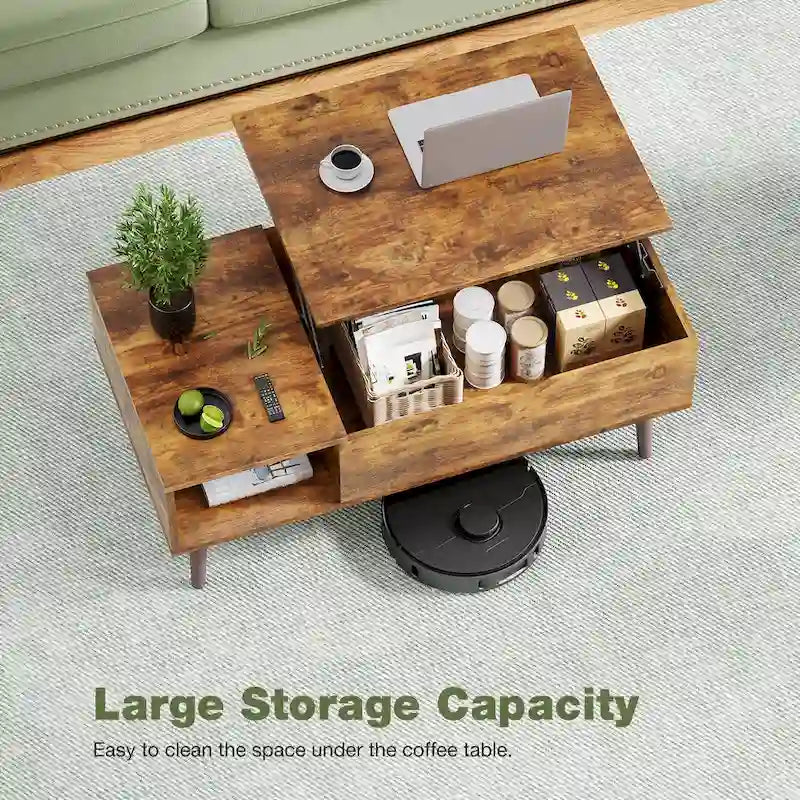 Table basse rustique marron relevable avec rangement dissimulé et étagère ouverte
