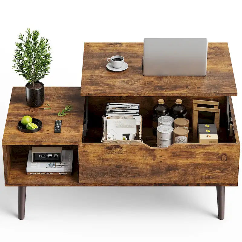Table basse rustique marron relevable avec rangement dissimulé et étagère ouverte