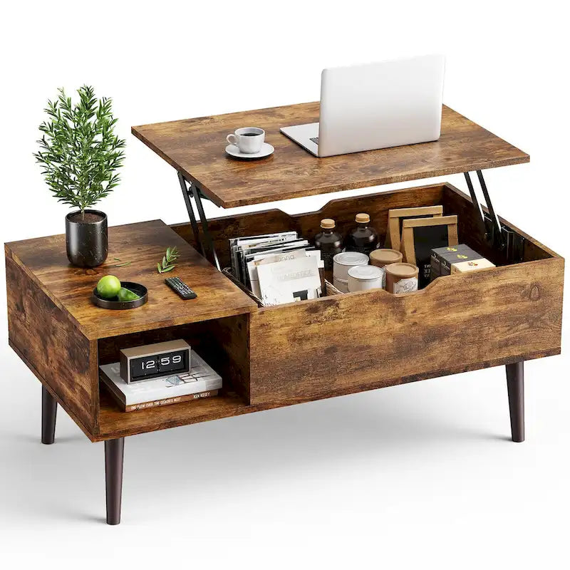 Table basse rustique marron relevable avec rangement dissimulé et étagère ouverte