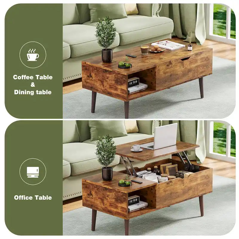 Table basse rustique marron relevable avec rangement dissimulé et étagère ouverte