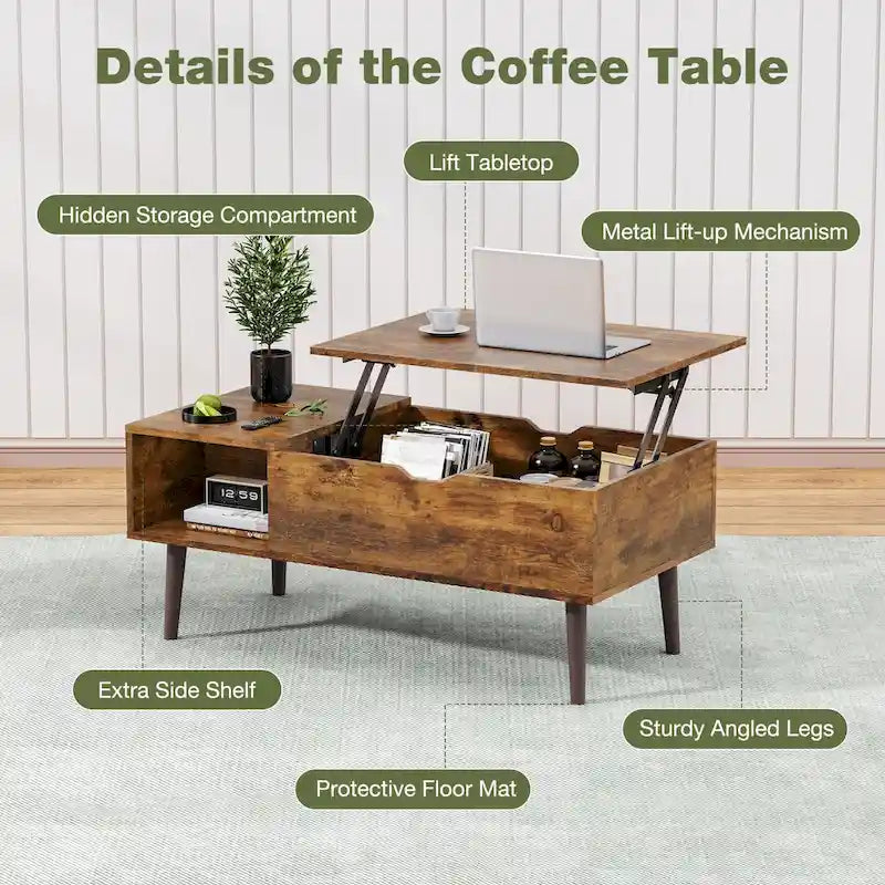 Table basse rustique marron relevable avec rangement dissimulé et étagère ouverte