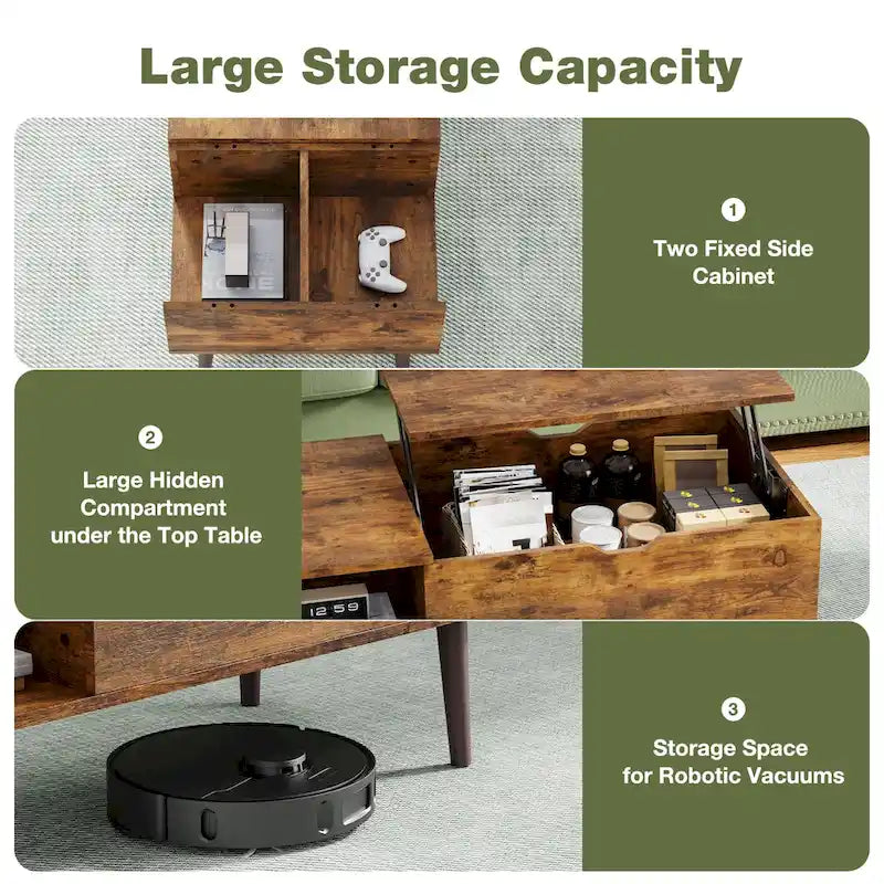 Table basse rustique marron relevable avec rangement dissimulé et étagère ouverte