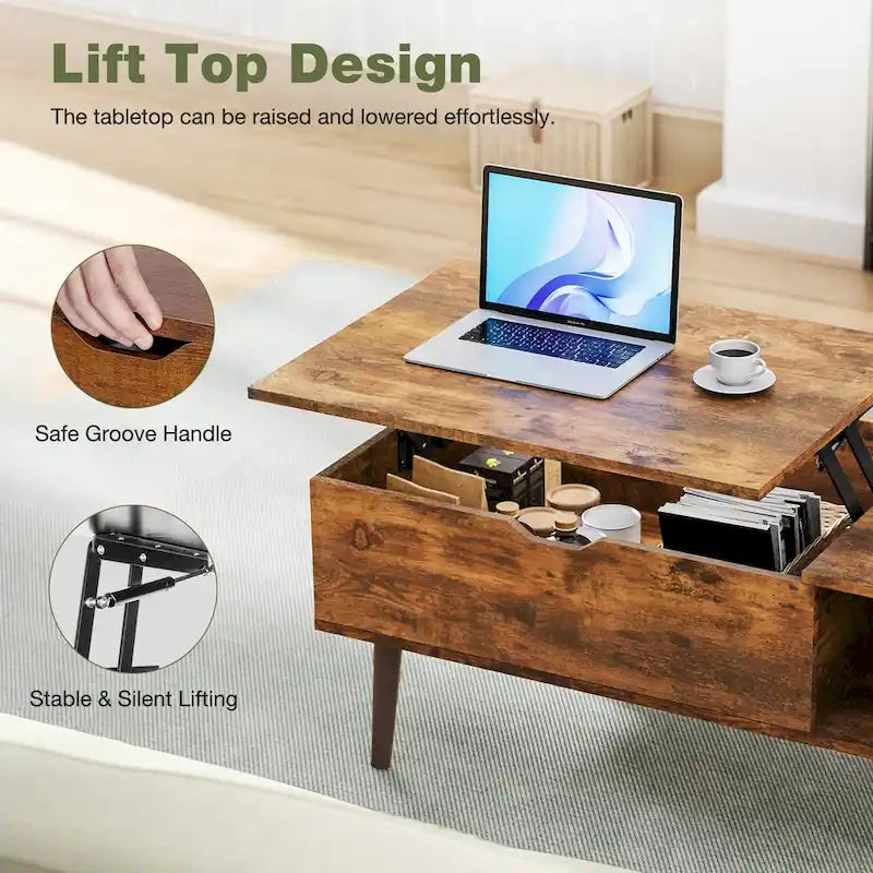 Table basse rustique marron relevable avec rangement dissimulé et étagère ouverte