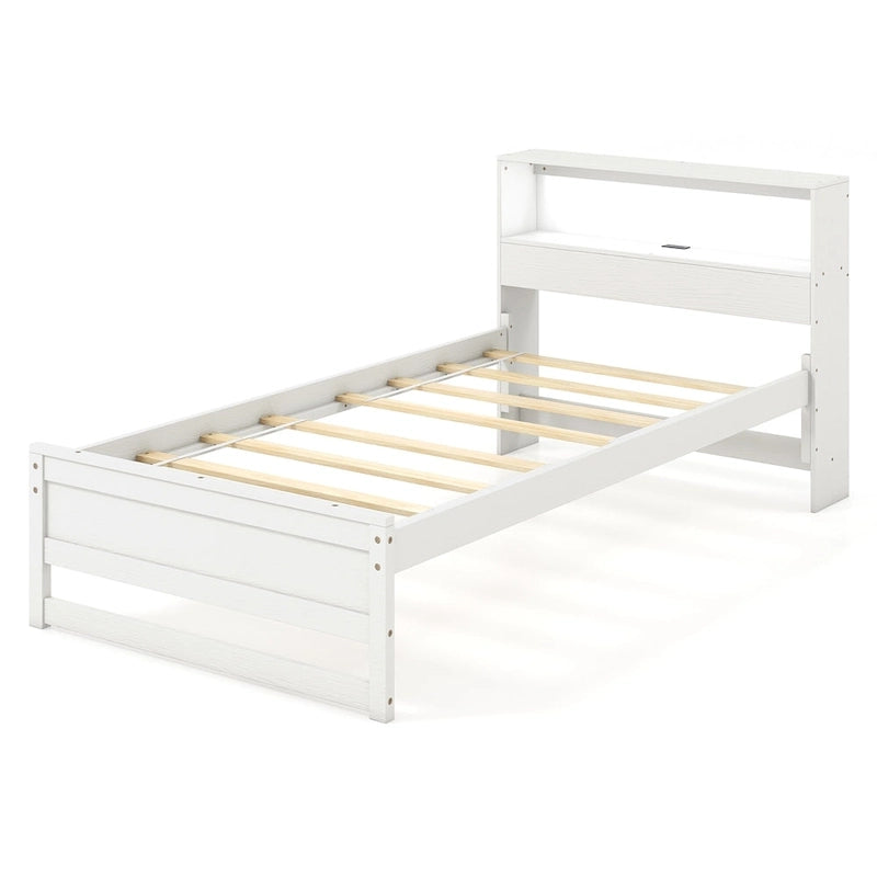 Cadre de lit double en bois gris avec rangement intégré dans la tête de lit, port de chargement USB et éclairage LED
