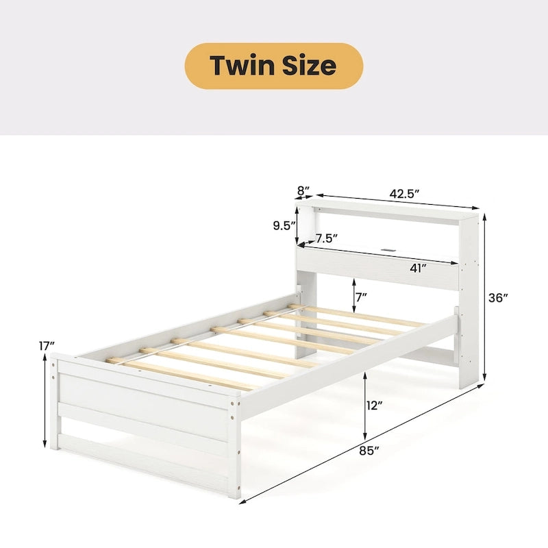 Cadre de lit double en bois gris avec rangement intégré dans la tête de lit, port de chargement USB et éclairage LED