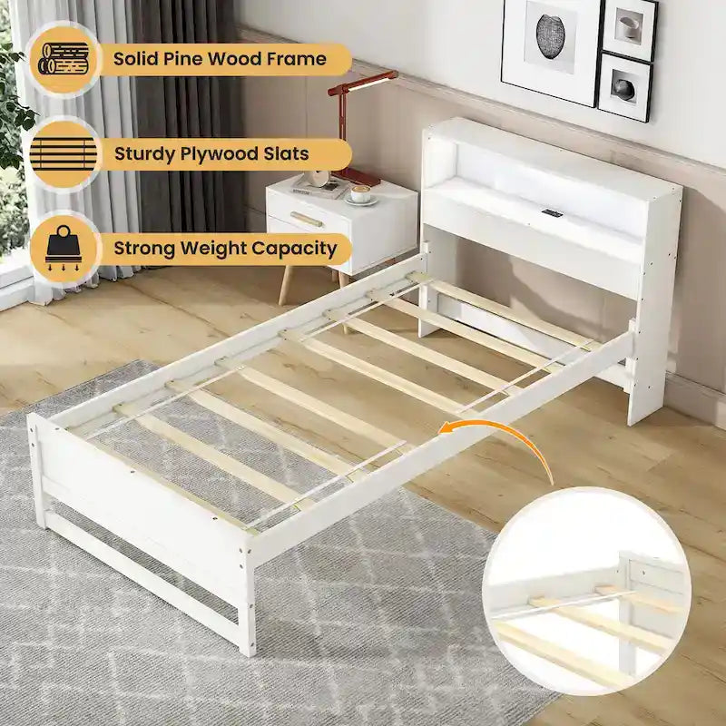 Cadre de lit double en bois gris avec rangement intégré dans la tête de lit, port de chargement USB et éclairage LED
